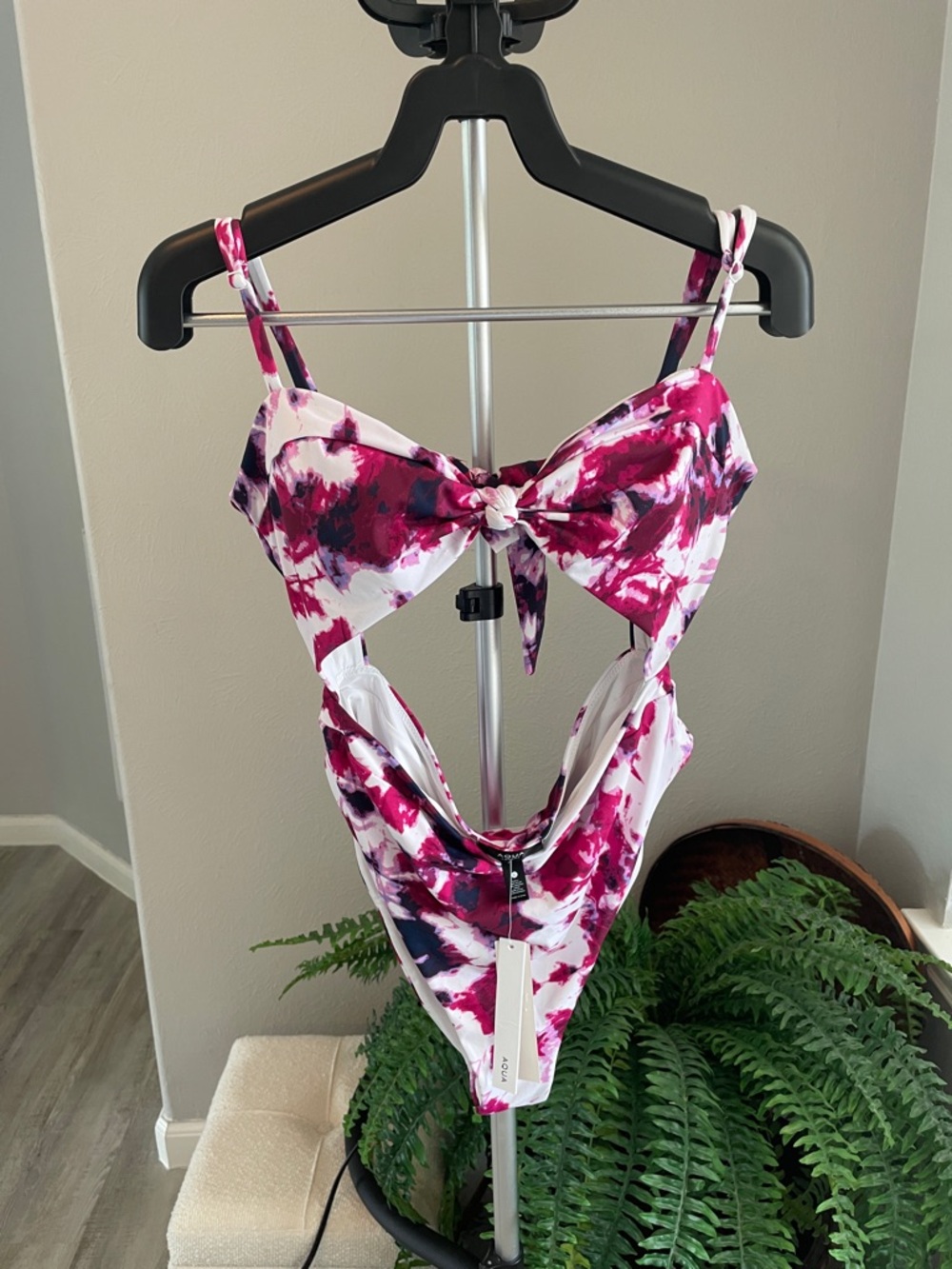 Aqua Pink and White Tie-Dye One-Piece Swimsuit with Front Knot